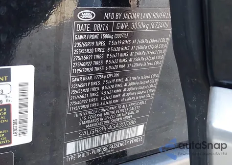 2016 Land Rover Range Rover 3.0L V6 Supercharged z USA, uszkodzony, nr VIN SALGR2PF4GA307386